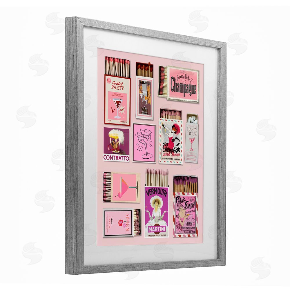 CAD Designs Champagne & Cocktail Matchboxes Gray Framed Print Under Glass Wall Art