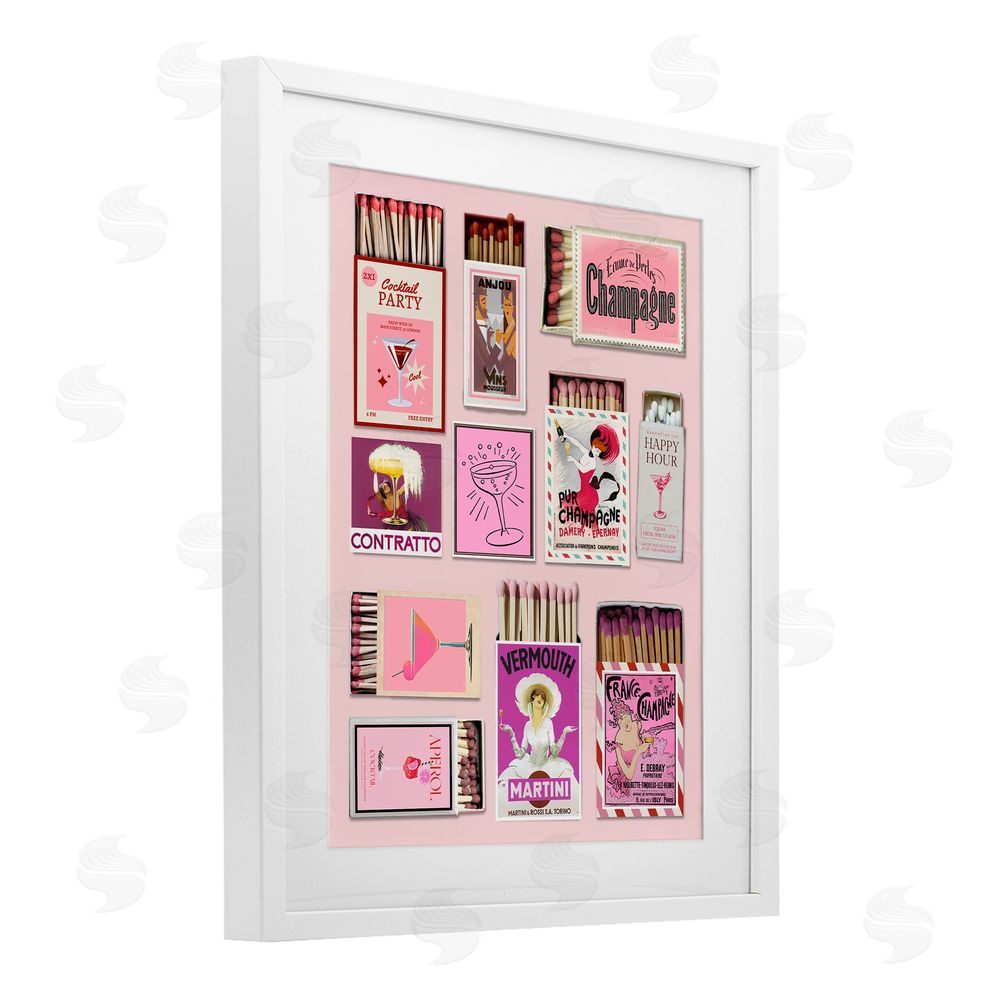CAD Designs Champagne & Cocktail Matchboxes White Framed Print Under Glass Wall Art