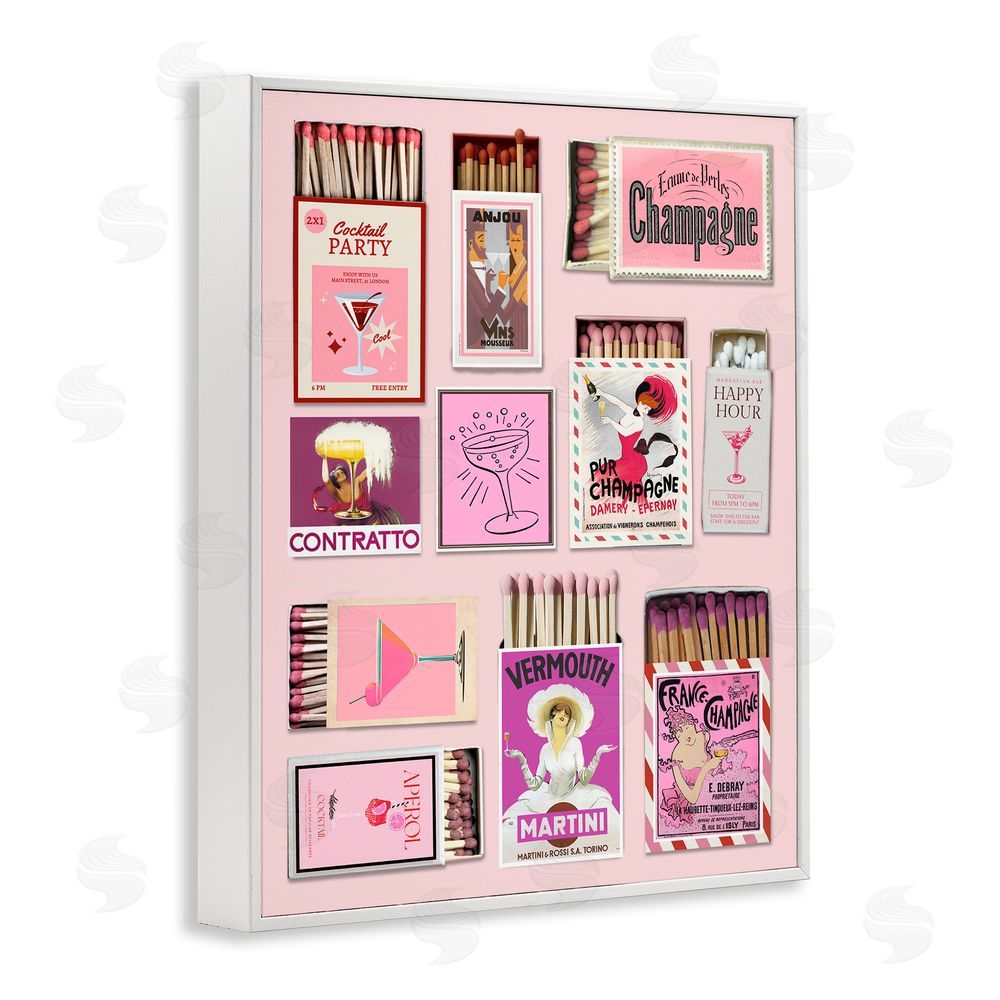 CAD Designs Champagne & Cocktail Matchboxes White Framed Giclee Wall Art Print