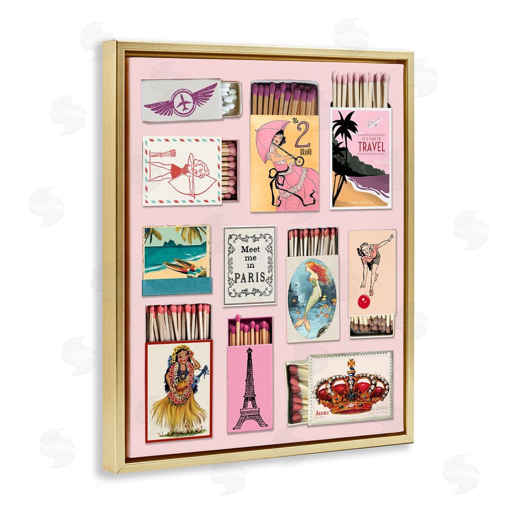 CAD Designs Vintage Travel Matchbook Montage Gold Floating Frame Canvas Wall Art Print