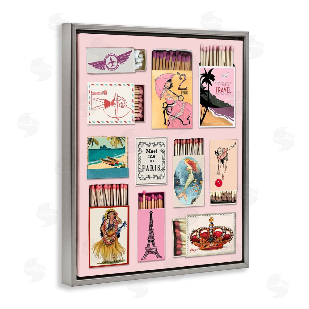 CAD Designs Vintage Travel Matchbook Montage Gray Floating Frame Canvas Wall Art Print