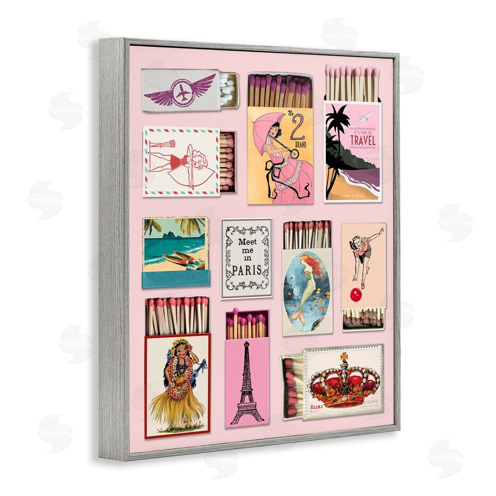 CAD Designs Vintage Travel Matchbook Montage Gray Framed Giclee Wall Art Print