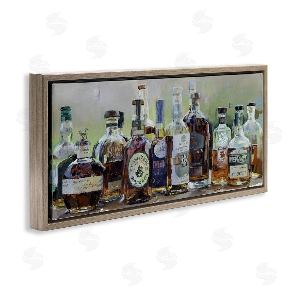 Marilyn Hageman Vintage Whiskey Bottles Display Brown Floating Framed Canvas Wall Art Print