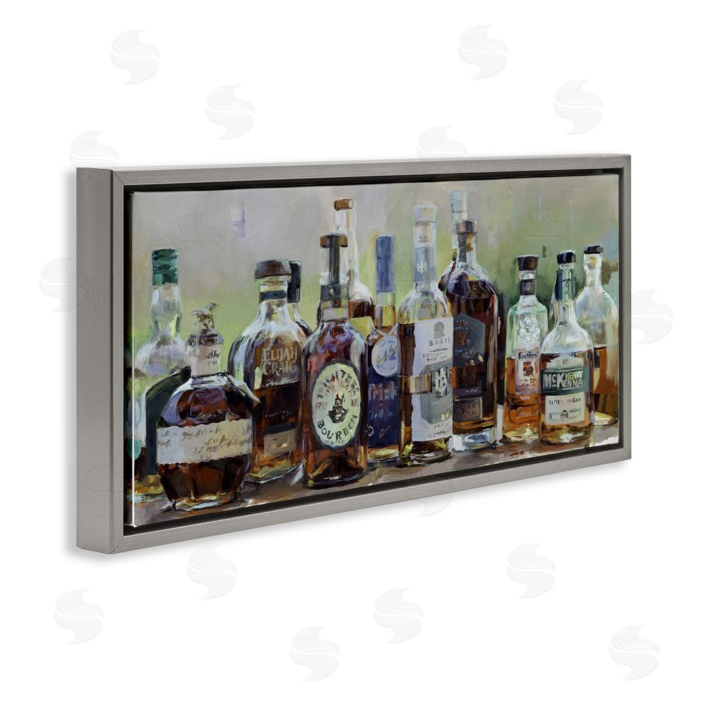 Marilyn Hageman Vintage Whiskey Bottles Display Gray Floating Framed Canvas Wall Art Print