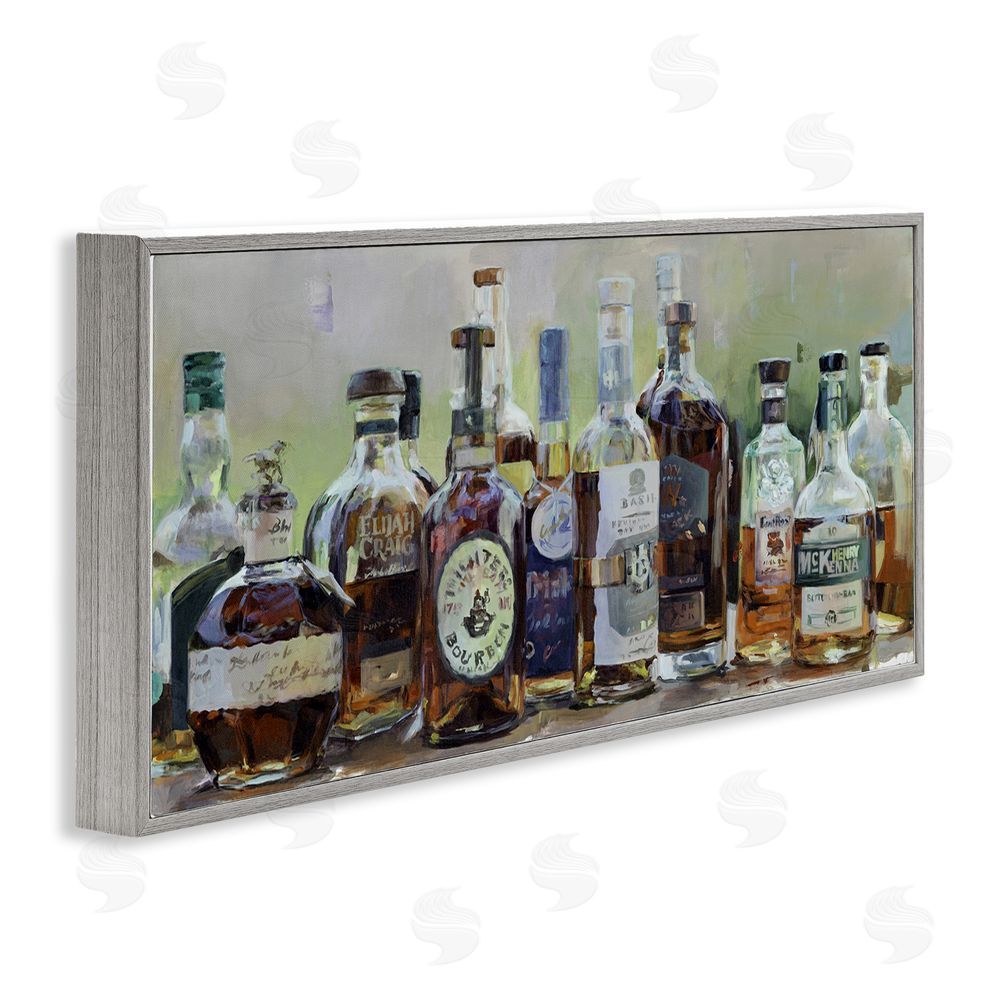 Marilyn Hageman Vintage Whiskey Bottles Display Gray Framed Giclee Wall Art Print
