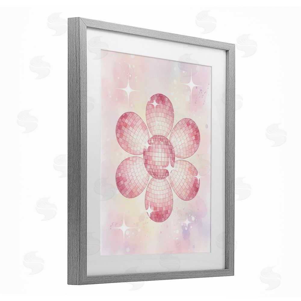 Lil' Rue Dreamy Pink Disco Ball Flower Gray Framed Print Under Glass Wall Art