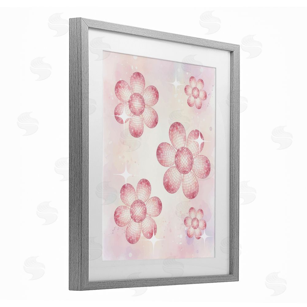 Lil' Rue Disco Ball Floral Patterns Gray Framed Print Under Glass Wall Art