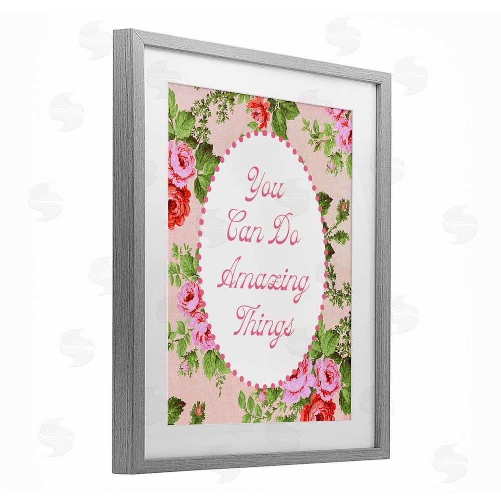 Lil' Rue You Can Do Amazing Things with Vintage Florals Gray Framed Print Under Glass with White Mat Wall Art