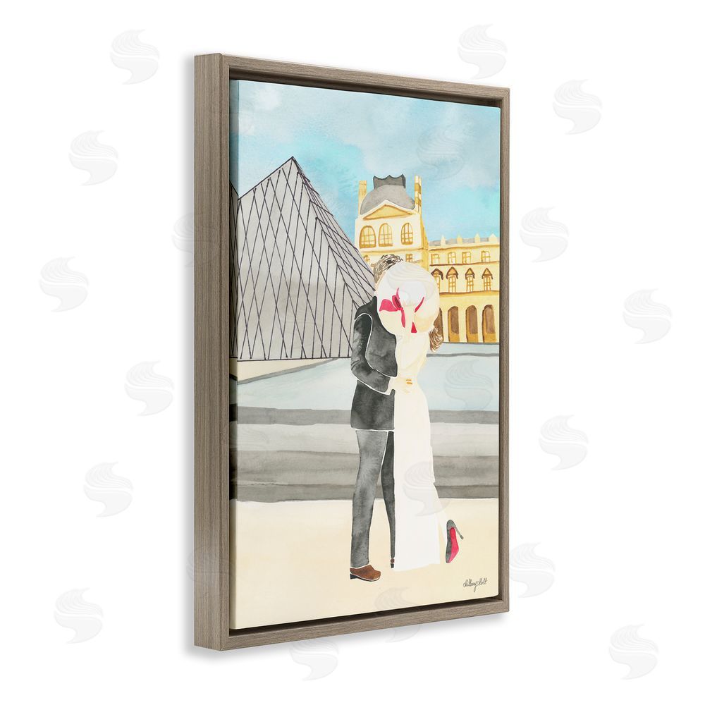 Hillary Holt Couple Embrace At The Louvre Brown Floating Frame Canvas Wall Art Print