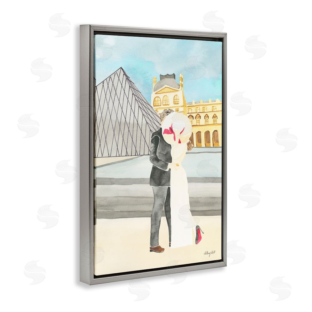 Hillary Holt Couple Embrace At The Louvre Gray Floating Frame Canvas Wall Art Print