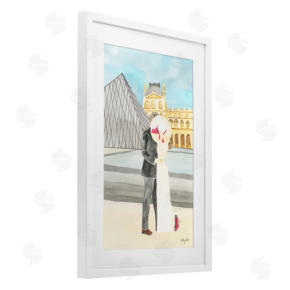 Hillary Holt Couple Embrace At The Louvre White Framed Print Under Glass Wall Art