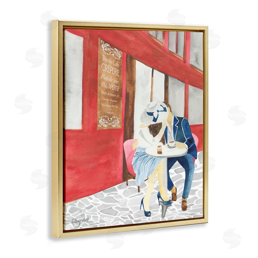 Hillary Holt Kiss At Parisian Cafe Gold Floating Frame Canvas Wall Art Print