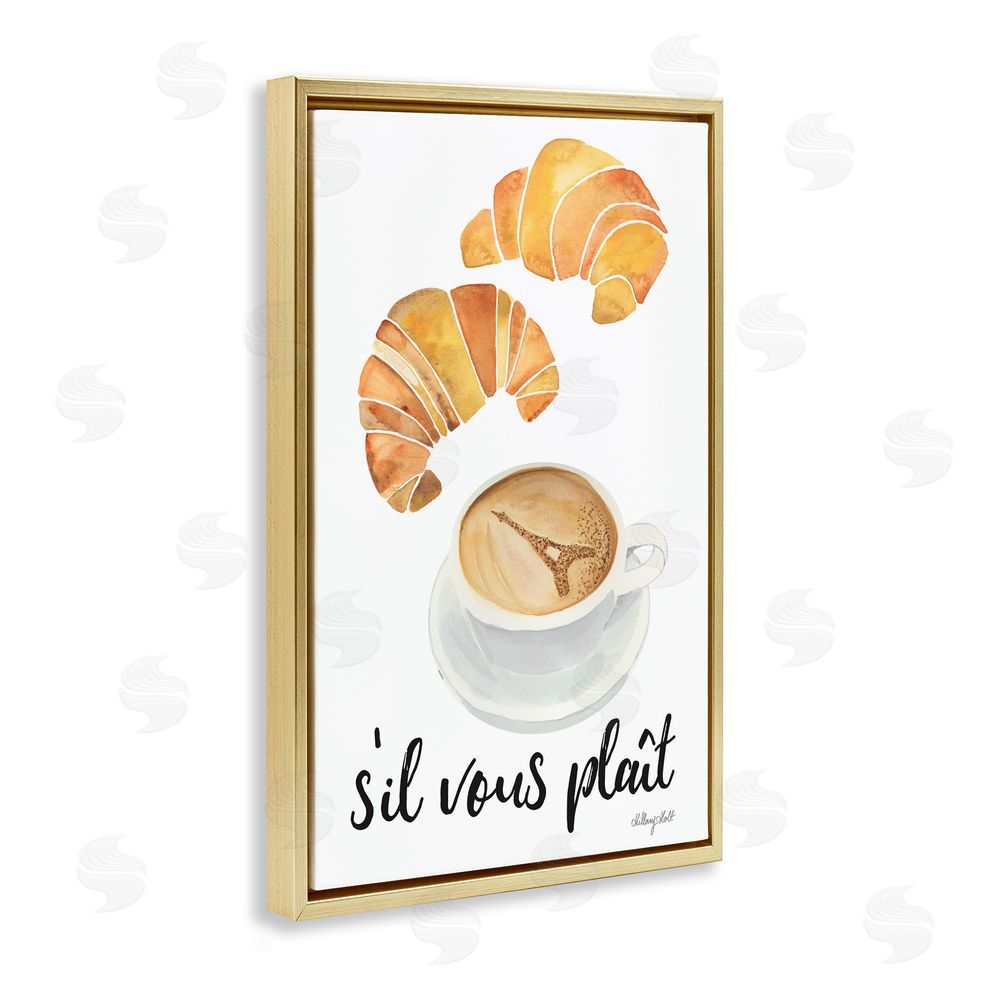 Hillary Holt Paris Croissant and Coffee Gold Floating Frame Canvas Wall Art Print