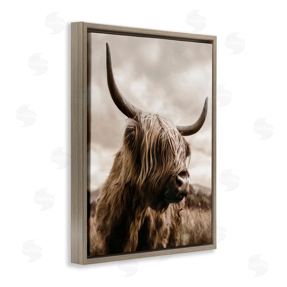 CAD Designs Highland Cow on Windswept Moor Brown Floating Frame Canvas Wall Art Print