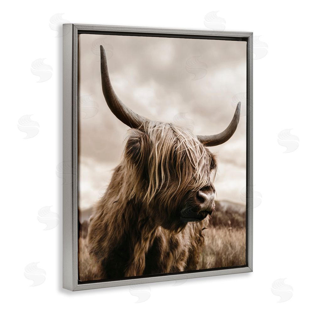 CAD Designs Highland Cow on Windswept Moor Gray Floating Frame Canvas Wall Art Print