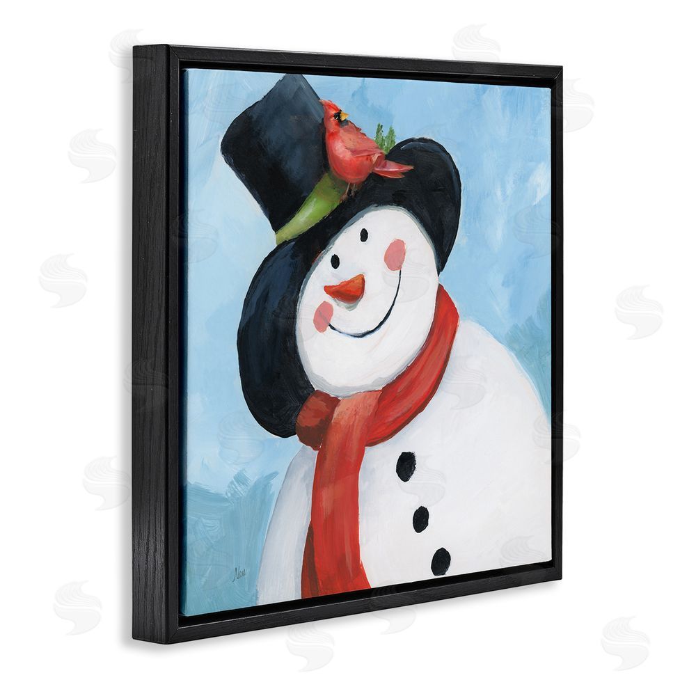 Nan Cheerful Snowman with Cardinal Black Floating Frame Canvas Wall Art Print