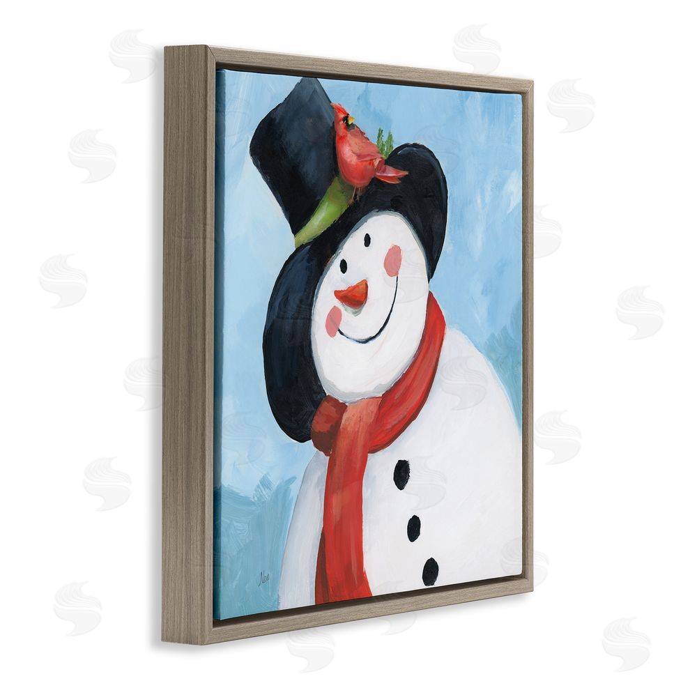 Nan Cheerful Snowman with Cardinal Brown Floating Frame Canvas Wall Art Print