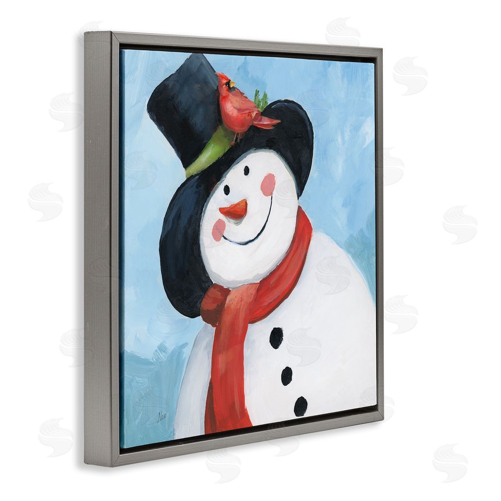 Nan Cheerful Snowman with Cardinal Gray Floating Frame Canvas Wall Art Print