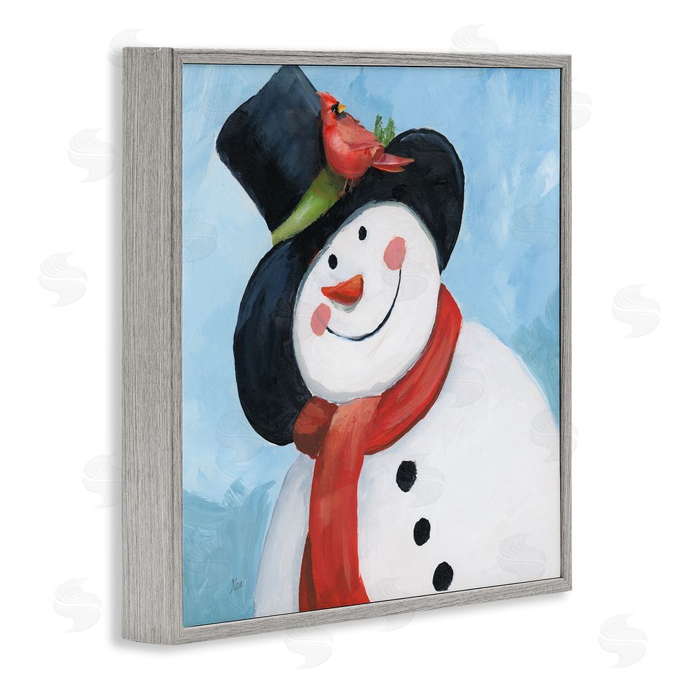Nan Cheerful Snowman with Cardinal Gray Framed Giclee Wall Art Print