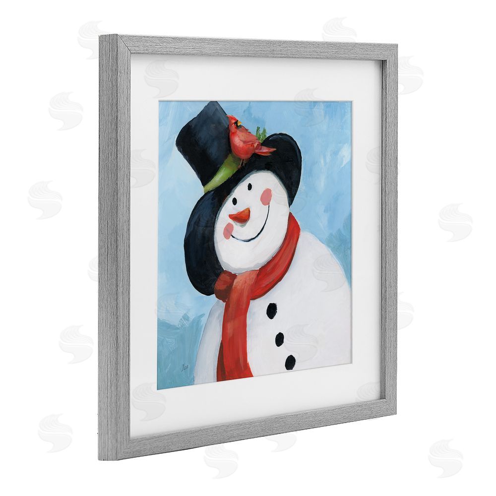 Nan Cheerful Snowman with Cardinal Gray Framed Print Under Glass Wall Art