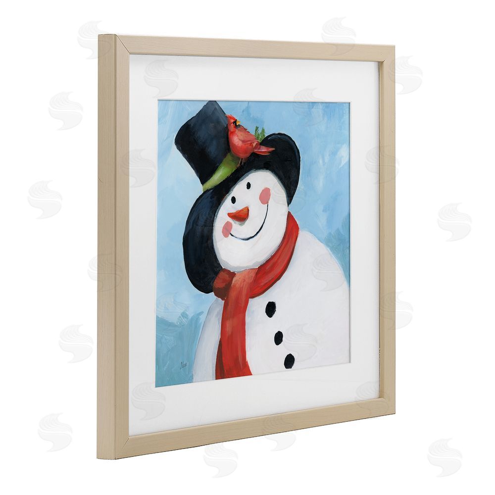 Nan Cheerful Snowman with Cardinal Brown Framed Print Under Glass Wall Art
