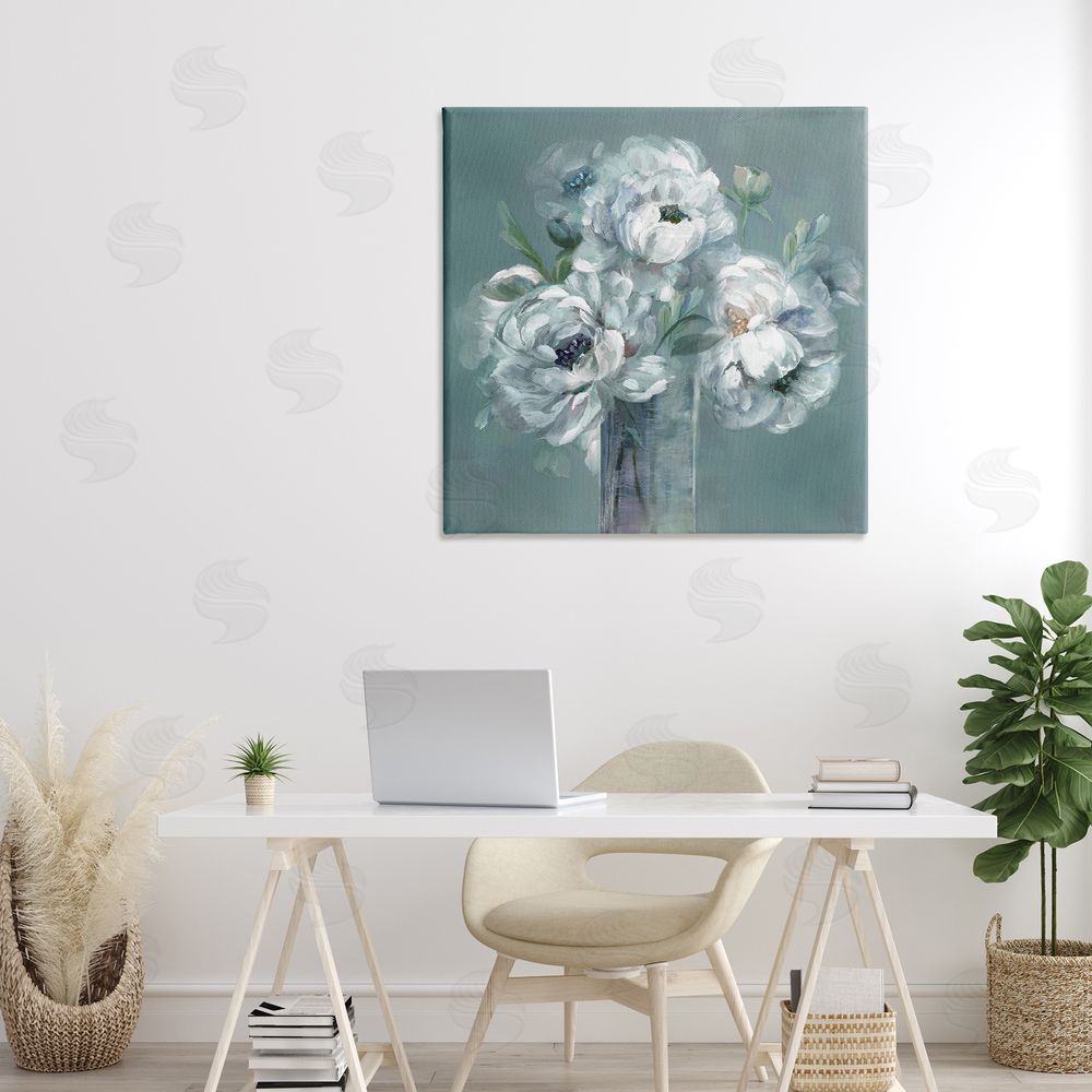 Nan White Peony Impression in Vase Stretched Canvas Wall Art in Room
