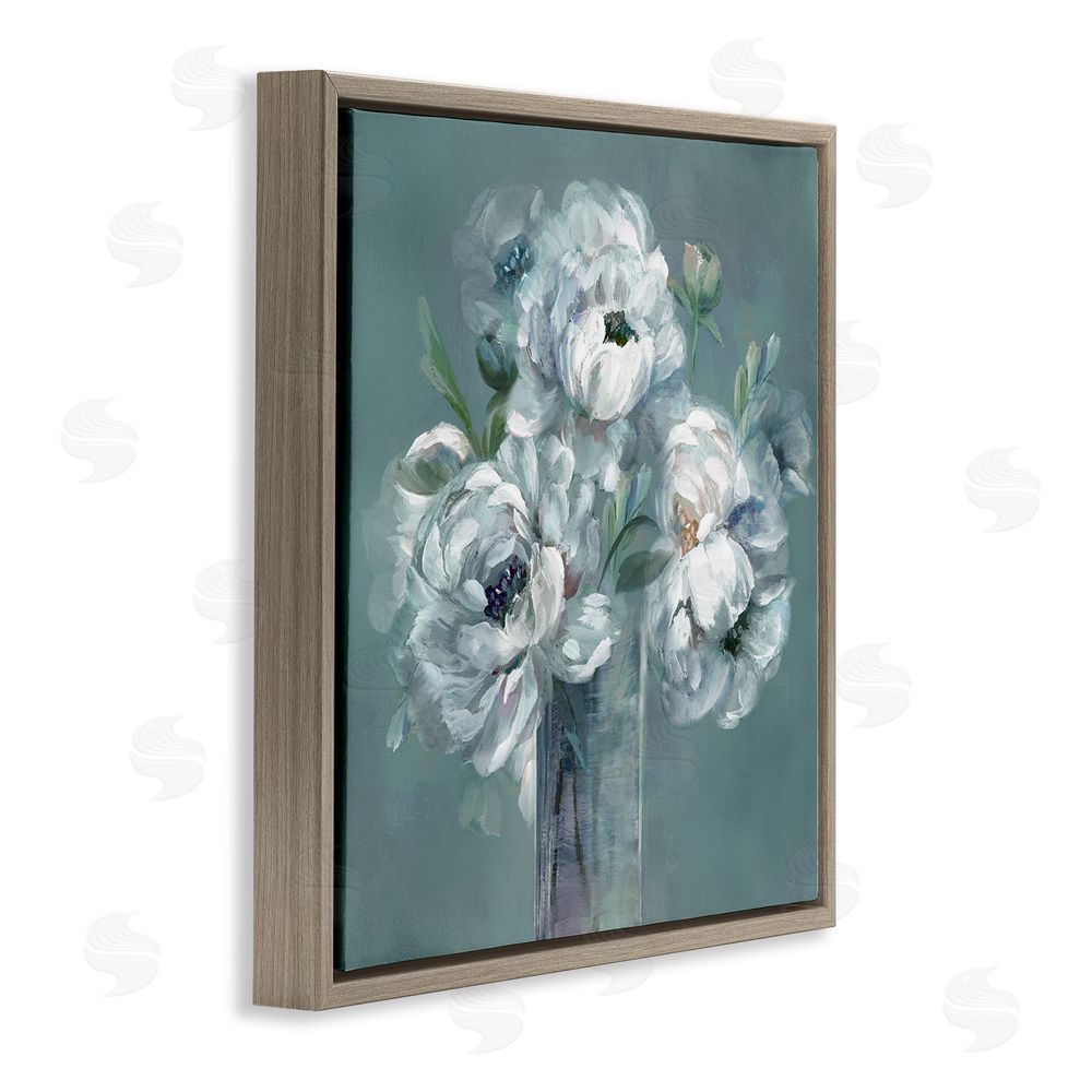 Nan White Peony Impression in Vase Brown Floating Frame Canvas Wall Art Print
