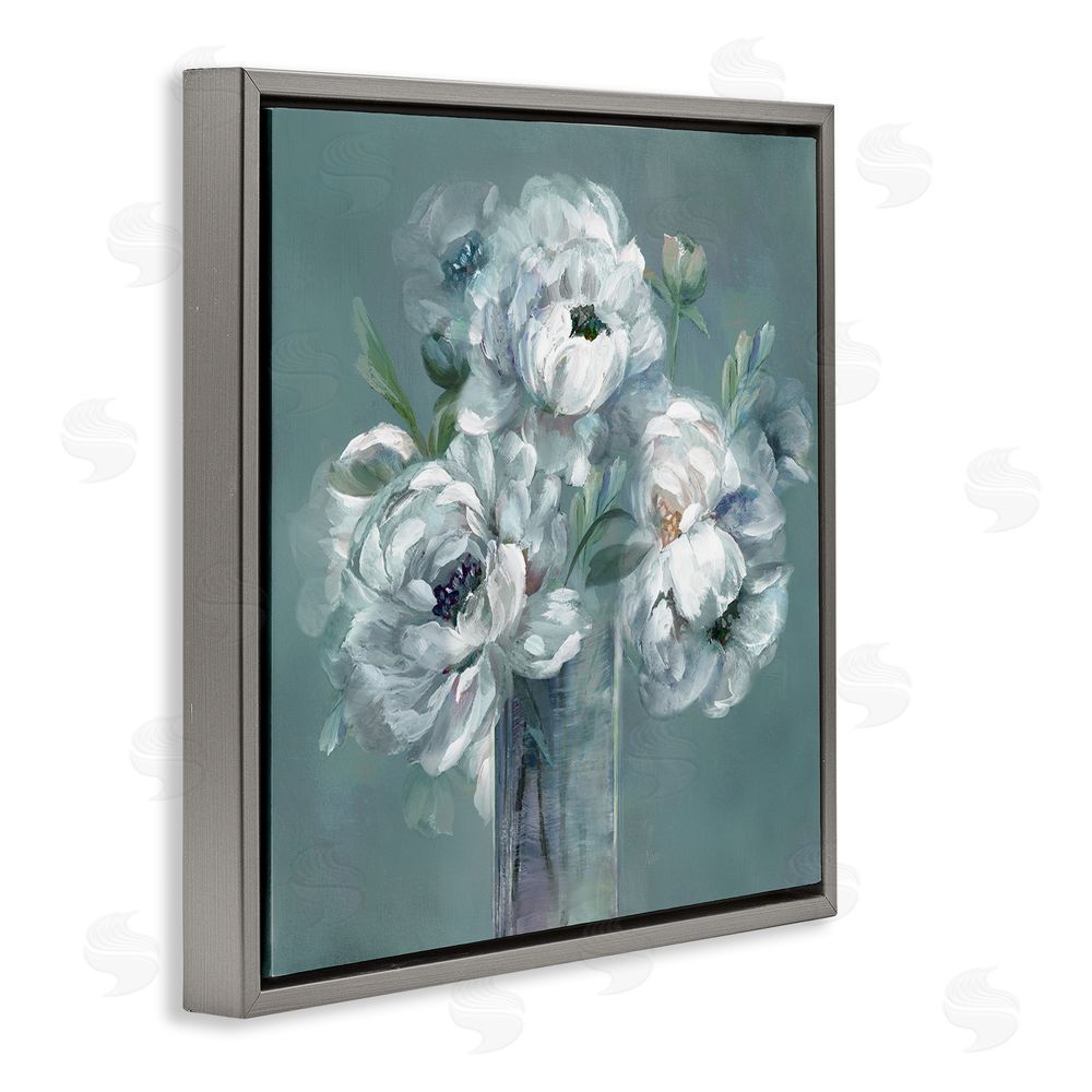 Nan White Peony Impression in Vase Gray Floating Frame Canvas Wall Art Print