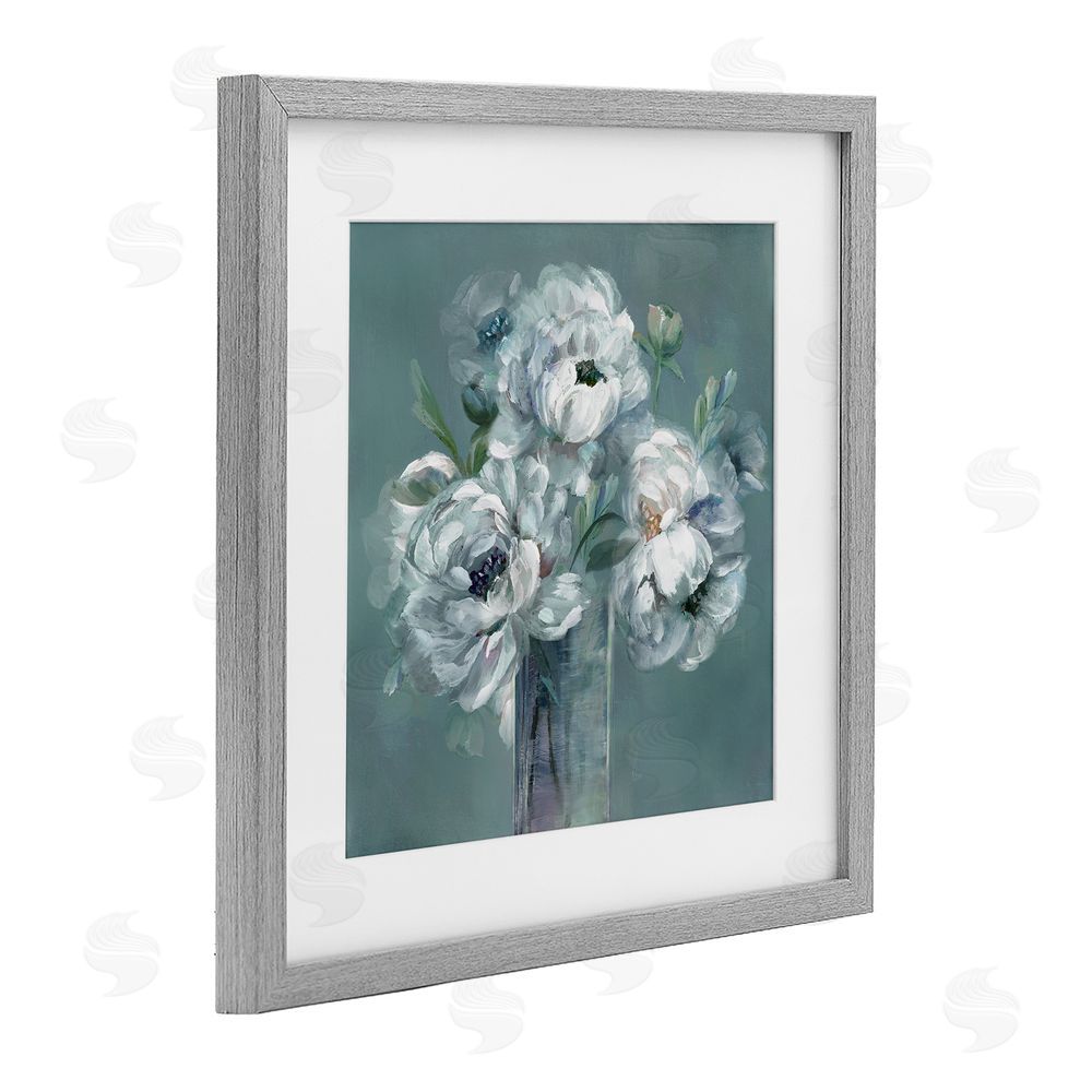 Nan White Peony Impression in Vase Gray Framed Print Under Glass Wall Art