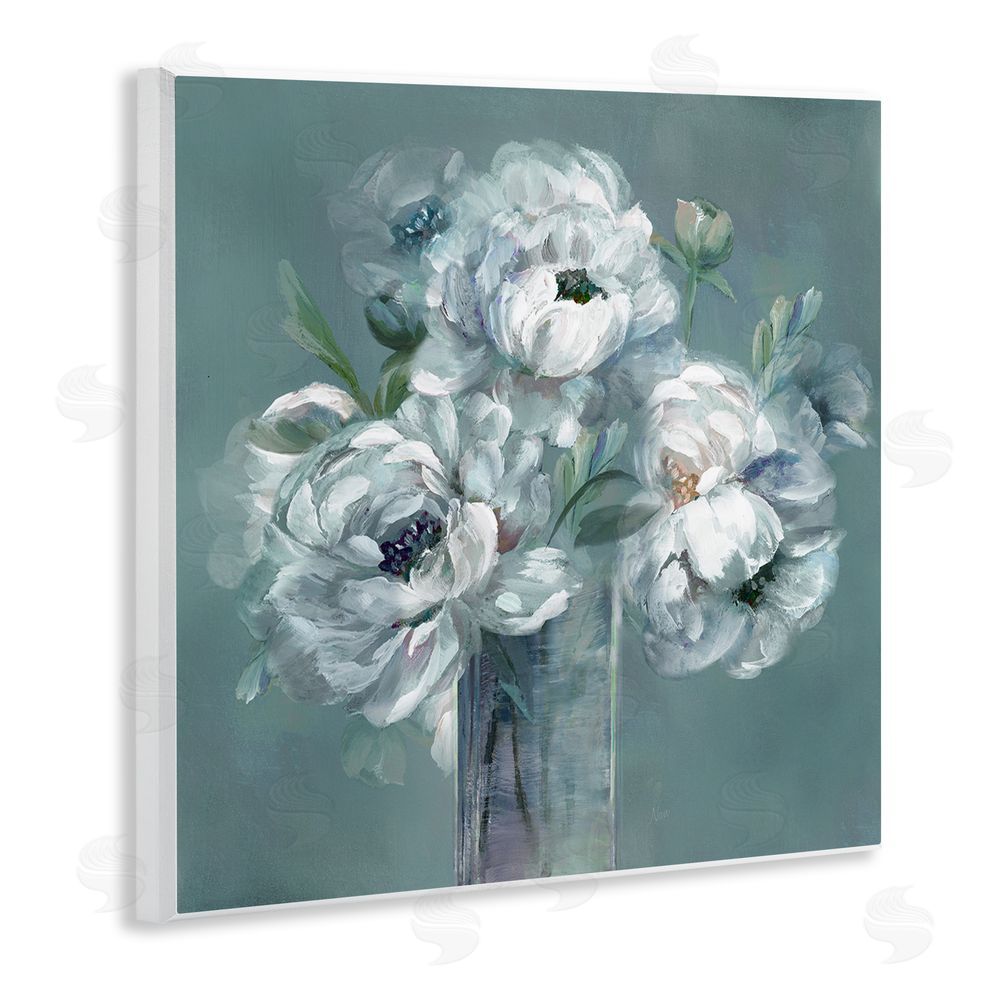 Nan White Peony Impression in Vase Wooden Wall Plaque Art Print