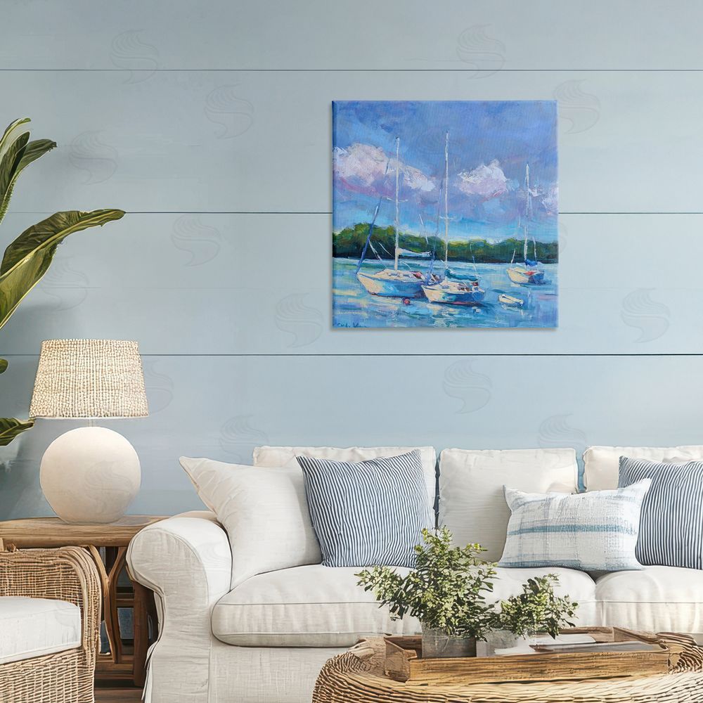 Cindy Vener Blue Afternoon Sailboats Trio Stretched Canvas Wall Art in Room