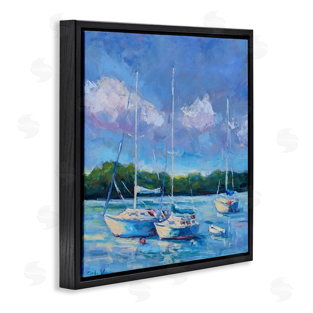 Cindy Vener Blue Afternoon Sailboats Trio Black Floating Frame Canvas Wall Art Print