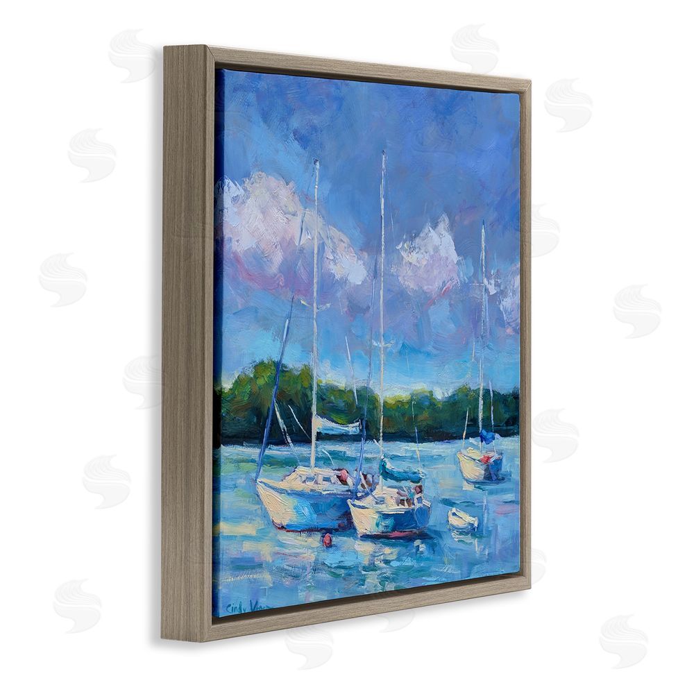 Cindy Vener Blue Afternoon Sailboats Trio Brown Floating Frame Canvas Wall Art Print