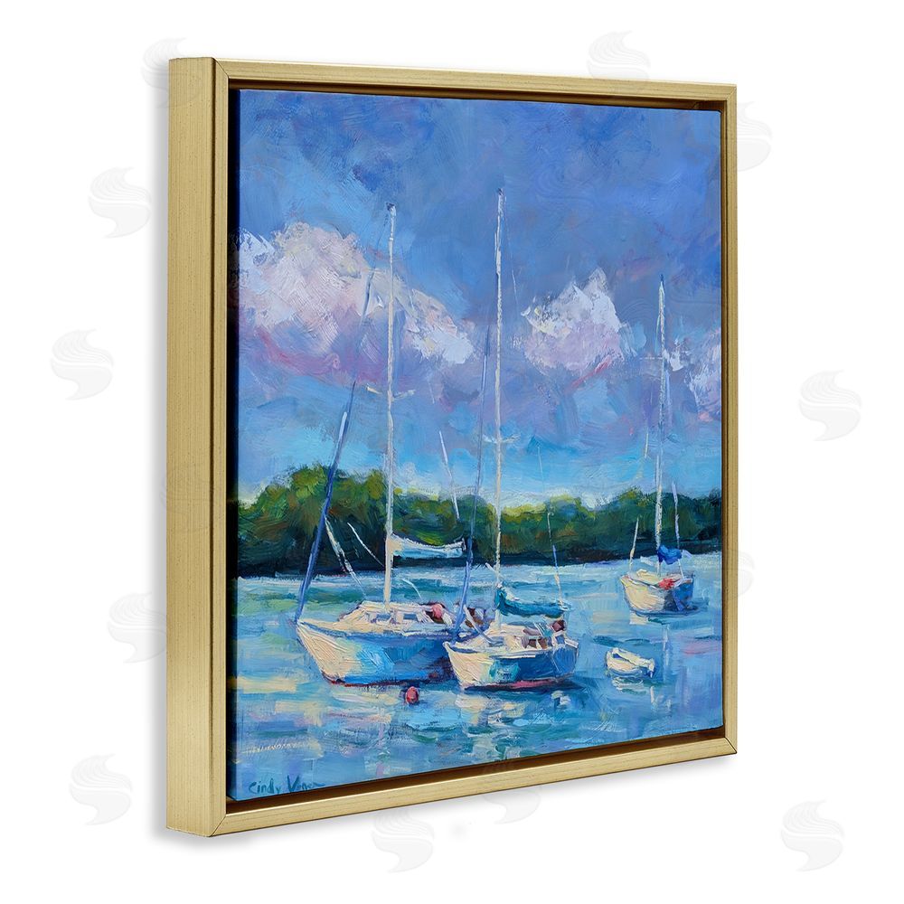Cindy Vener Blue Afternoon Sailboats Trio Gold Floating Frame Canvas Wall Art Print