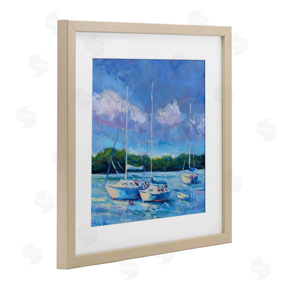 Cindy Vener Blue Afternoon Sailboats Trio Brown Framed Print Under Glass Wall Art