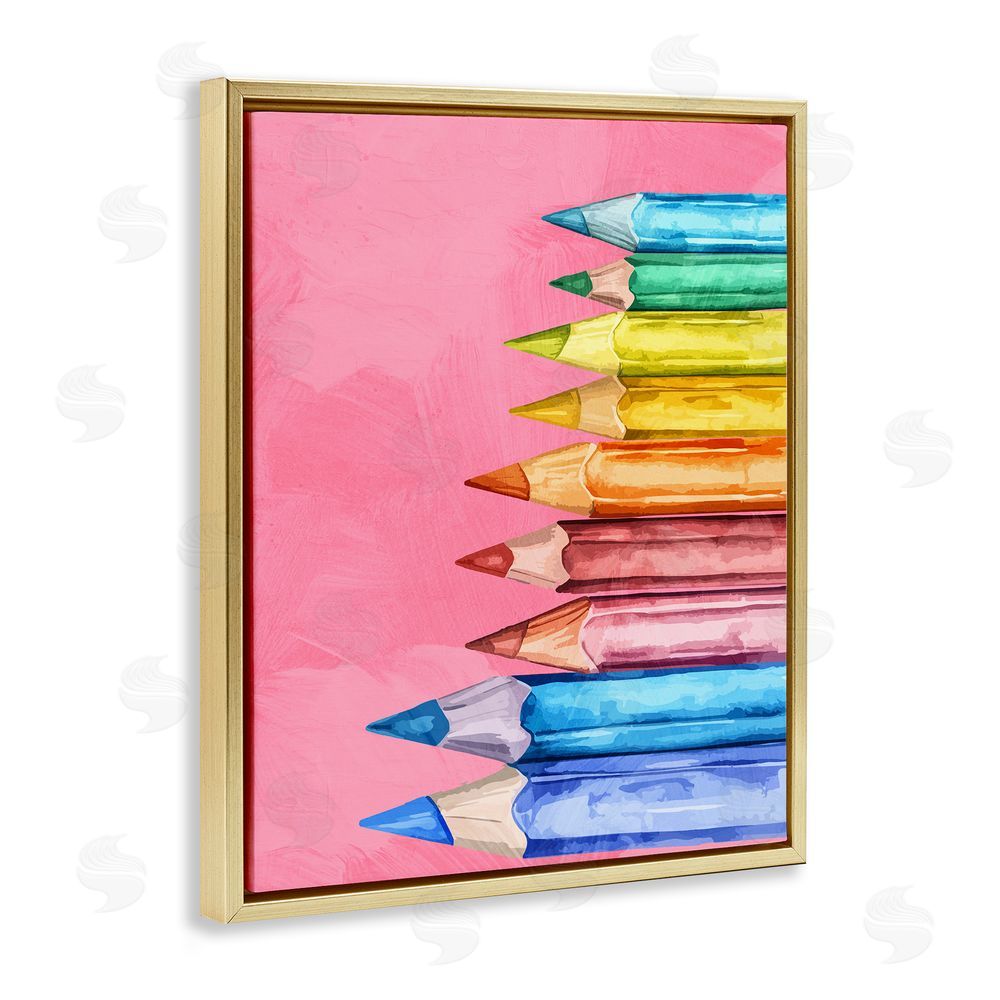 Kim Allen Vibrant Pencils on Pink Gold Floating Frame Canvas Wall Art Print