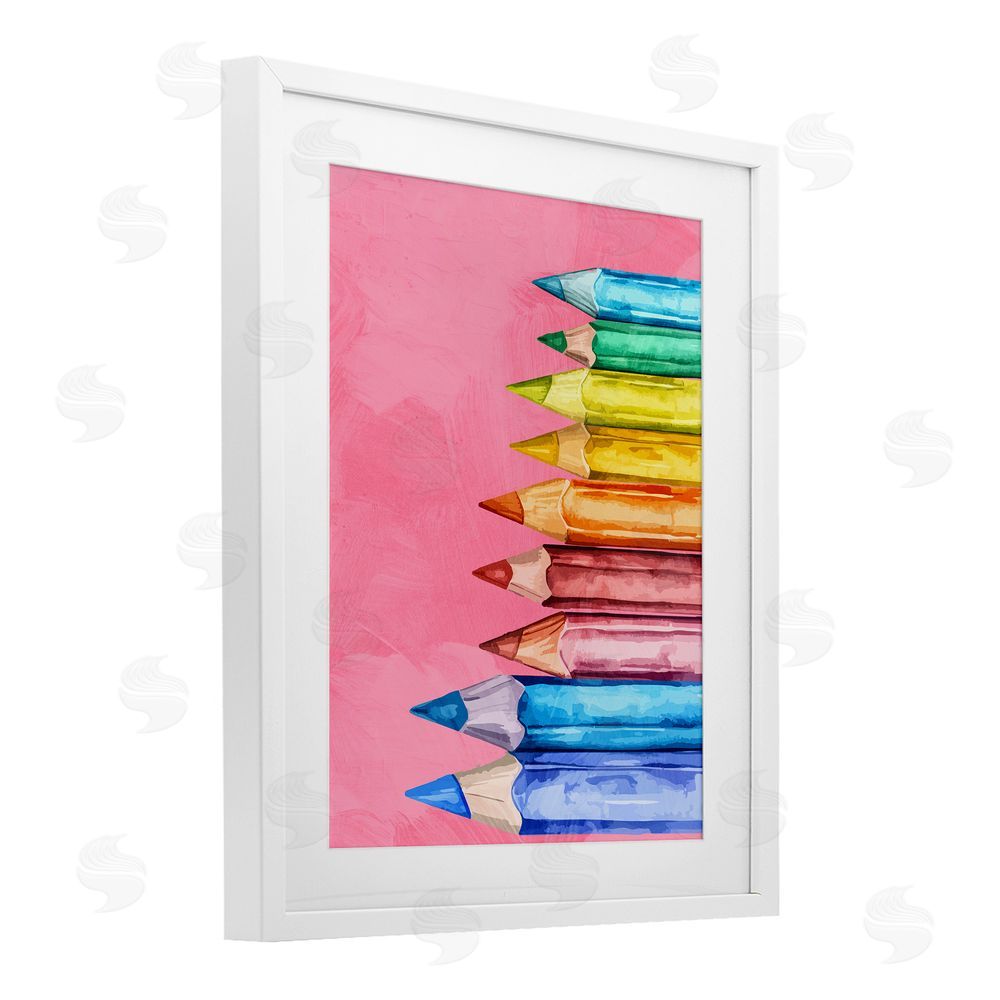 Kim Allen Vibrant Pencils on Pink White Framed Print Under Glass Wall Art