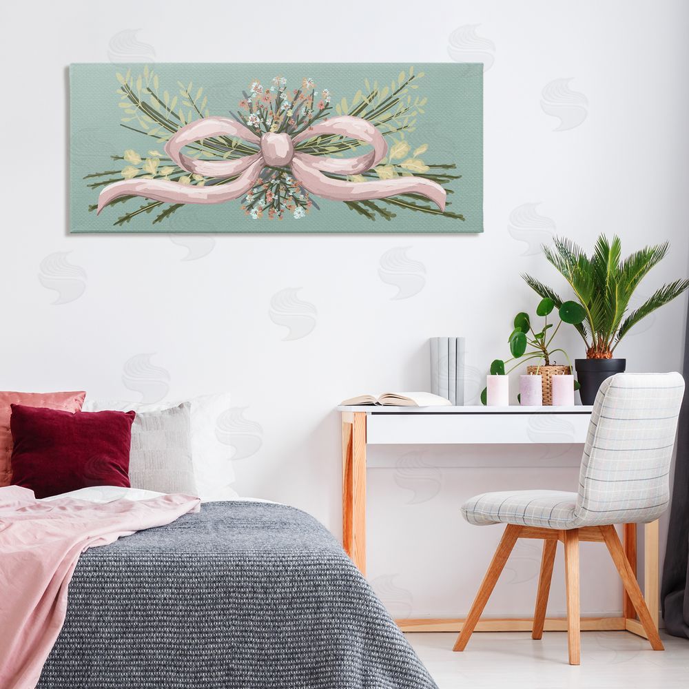 Connie Summers Pink Bow Wildflower Arrangement Stretched Canvas Wall Art in Room