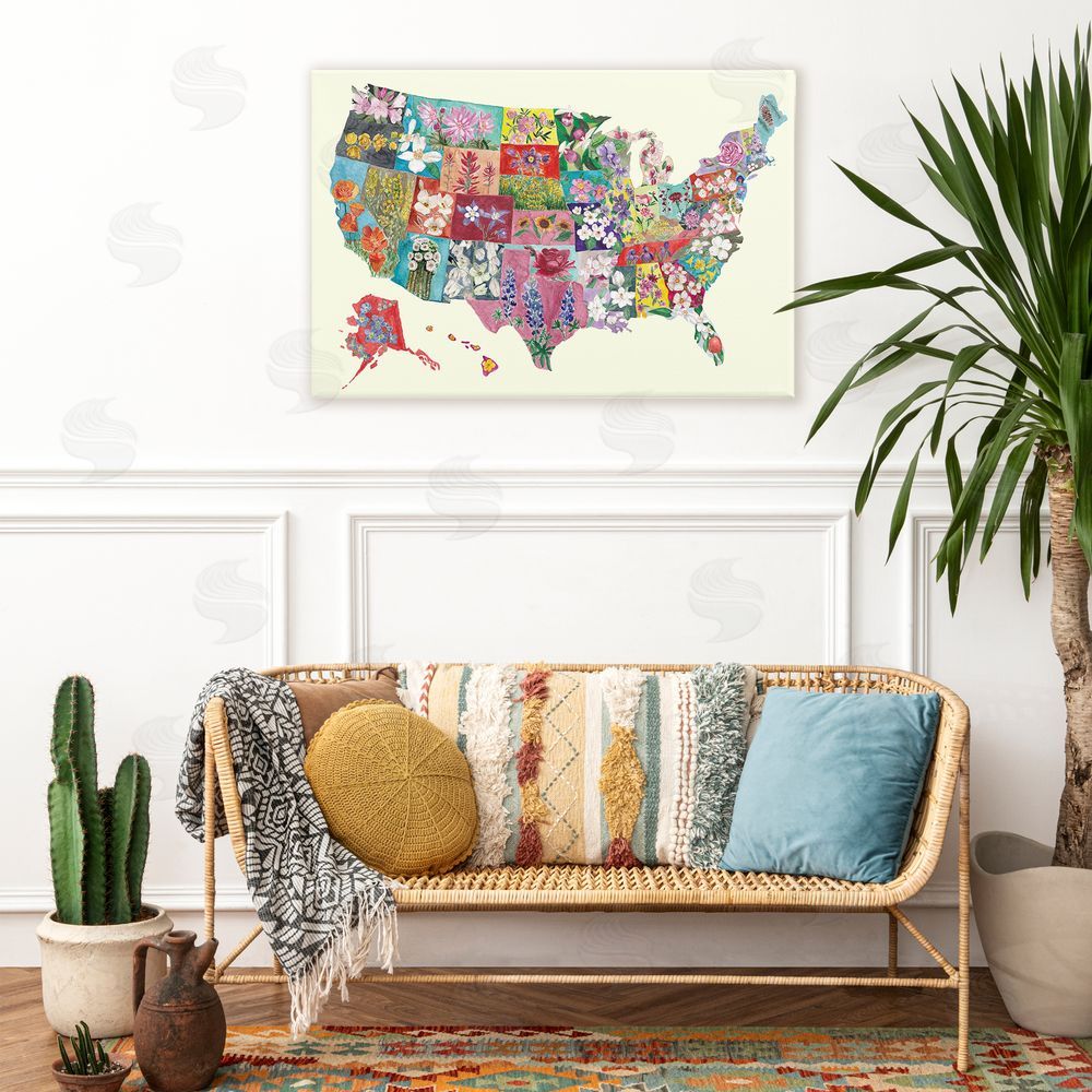 Josi Opolenstisima Botanical Map of State Flowers Stretched Canvas Wall Art in Room