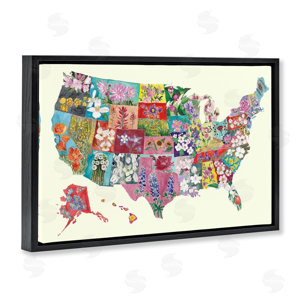 Josi Opolenstisima Botanical Map of State Flowers Black Floating Frame Canvas Wall Art Print