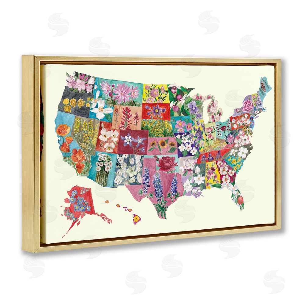 Josi Opolenstisima Botanical Map of State Flowers Gold Floating Frame Canvas Wall Art Print