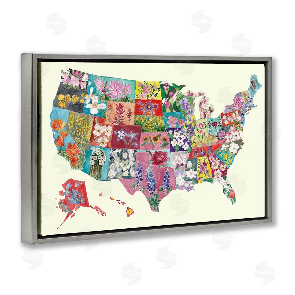 Josi Opolenstisima Botanical Map of State Flowers Gray Floating Frame Canvas Wall Art Print