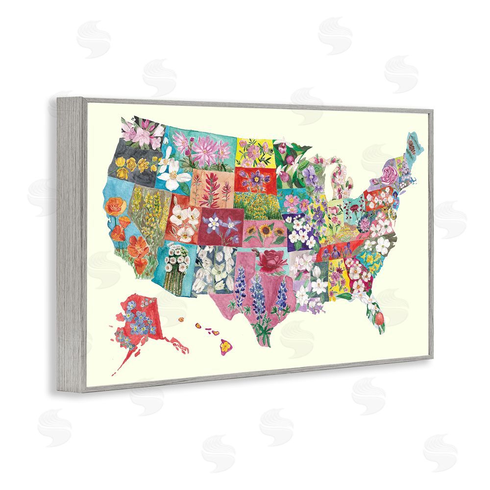 Josi Opolenstisima Botanical Map of State Flowers Gray Framed Giclee Wall Art Print