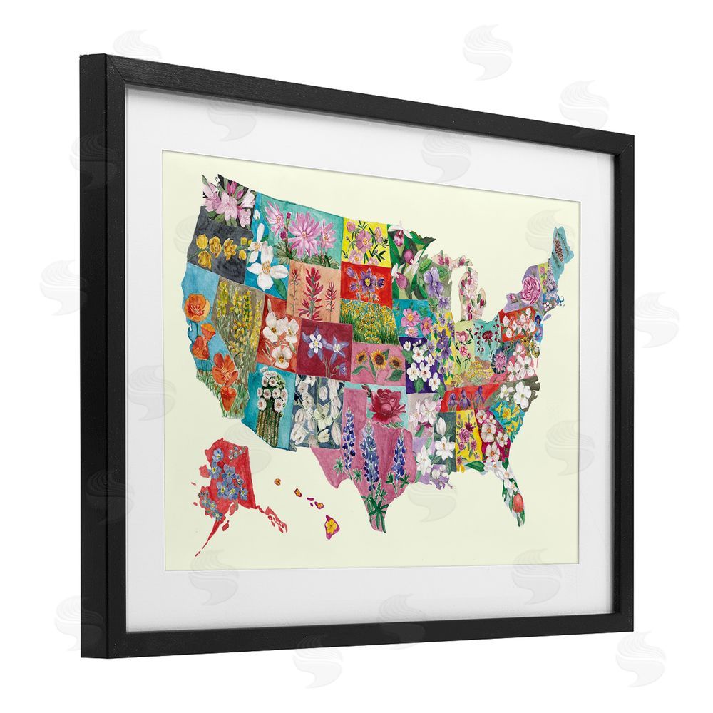 Josi Opolenstisima Botanical Map of State Flowers Black Framed Print Under Glass Wall Art