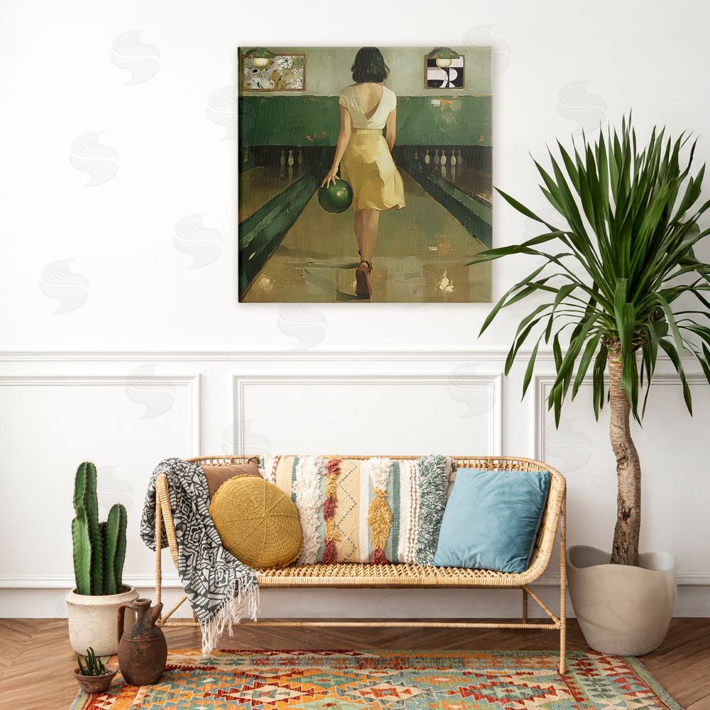 Annabelle Hall Green Vintage Bowling Alley Stretched Canvas Wall Art in Room