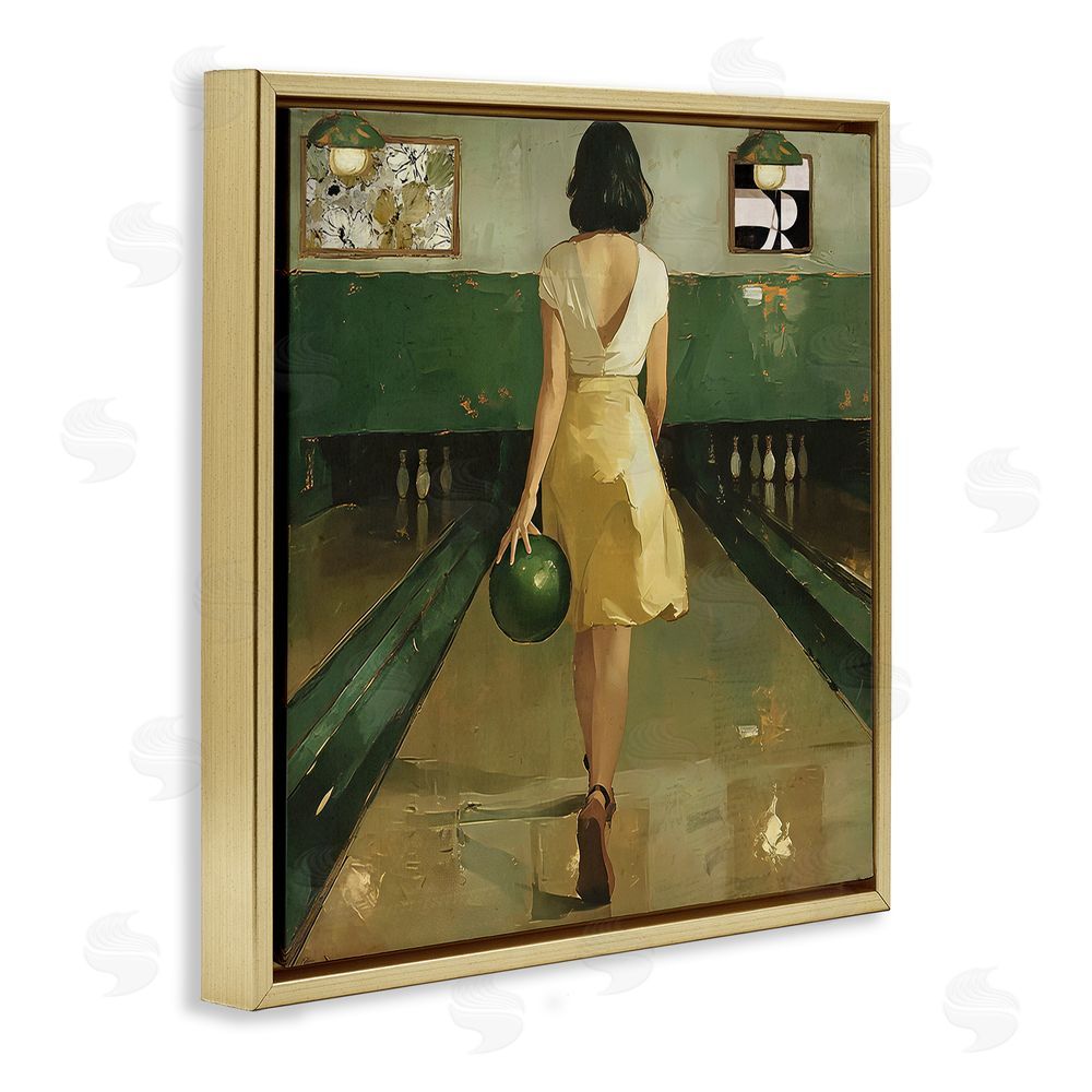 Annabelle Hall Green Vintage Bowling Alley Gold Floating Frame Canvas Wall Art Print