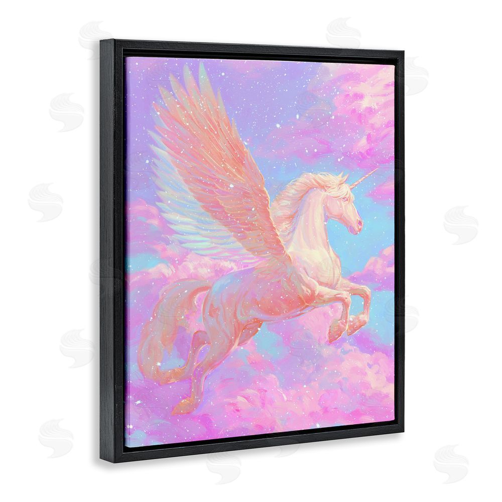 Ziwei Li Ethereal Winged Unicorn In Clouds Black Floating Frame Canvas Wall Art Print