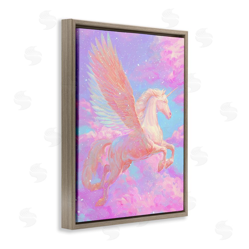 Ziwei Li Ethereal Winged Unicorn In Clouds Brown Floating Frame Canvas Wall Art Print