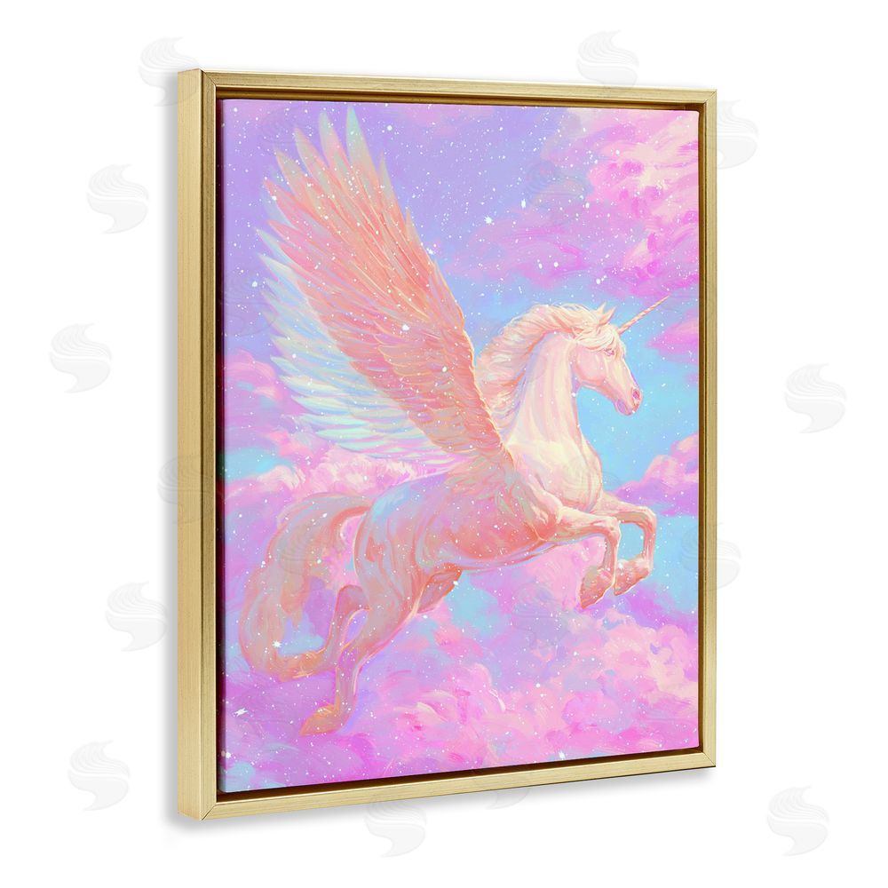 Ziwei Li Ethereal Winged Unicorn In Clouds Gold Floating Frame Canvas Wall Art Print