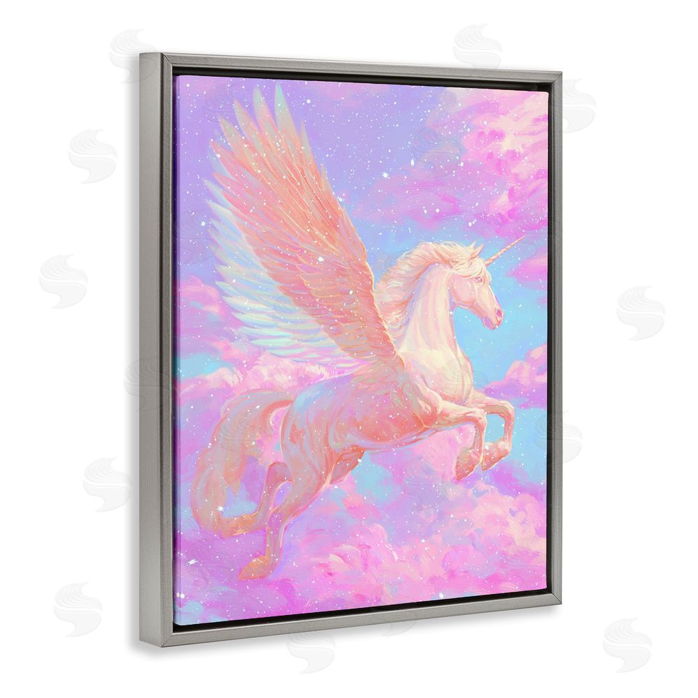 Ziwei Li Ethereal Winged Unicorn In Clouds Gray Floating Frame Canvas Wall Art Print